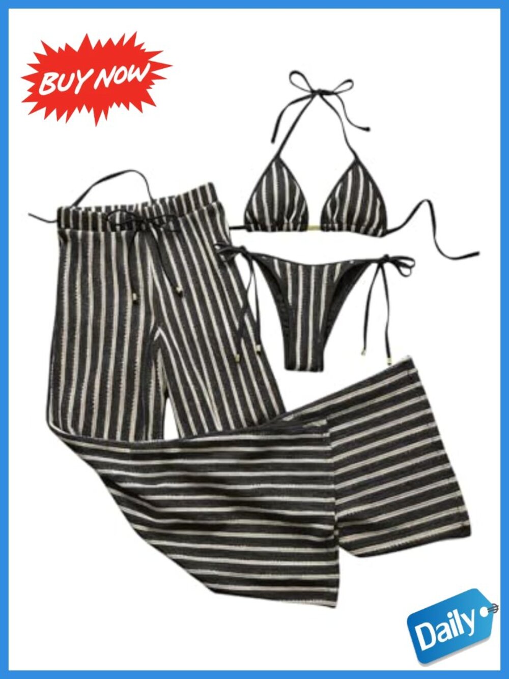 3 Piece Striped Crochet Bikini Set with Cover Up Pants